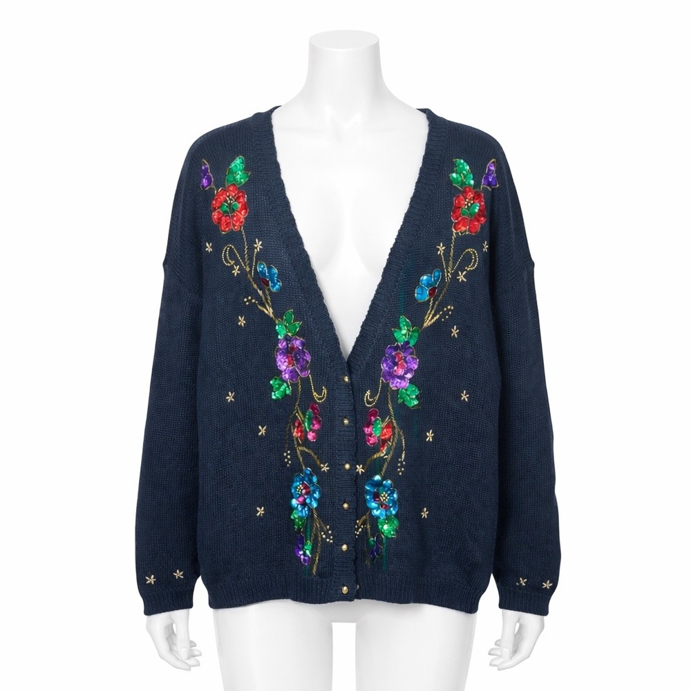 Exclusive Imports Vintage Maximalist Sequin Floral Cardigan M Black Ramie Cotton
